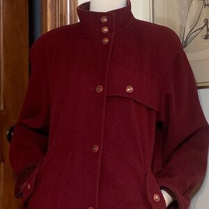 MACKINTOSH VINTAGE FUNNEL NECK BURGUNDY WOOL BLEND COAT WITH CORDUROY DETAIL